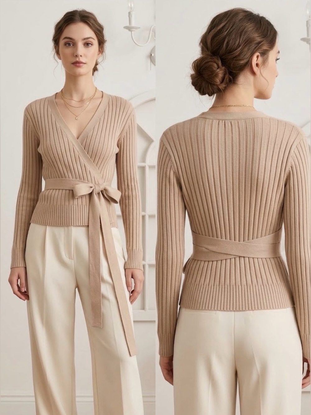 Udel New York Tan Beige Ribbed Knit Long Sleeve Wrap Sweater Top Medium